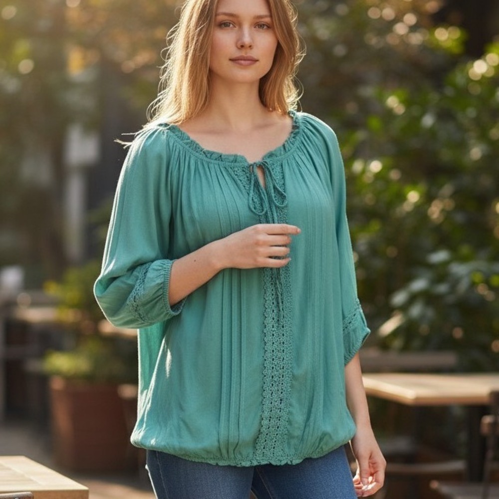 Teal Green Crochet Lace Pintuck Peasant Blouse Bubble Hem Boho 3/4 Sleeve Top
